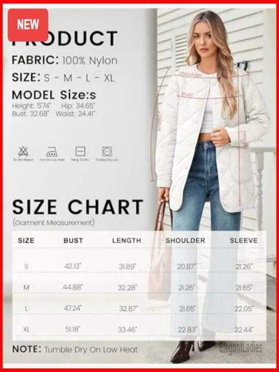 Lightweight Quilted Puffer Jacket with Pockets, Button Front, Mid-Length - Picture 6 of 7